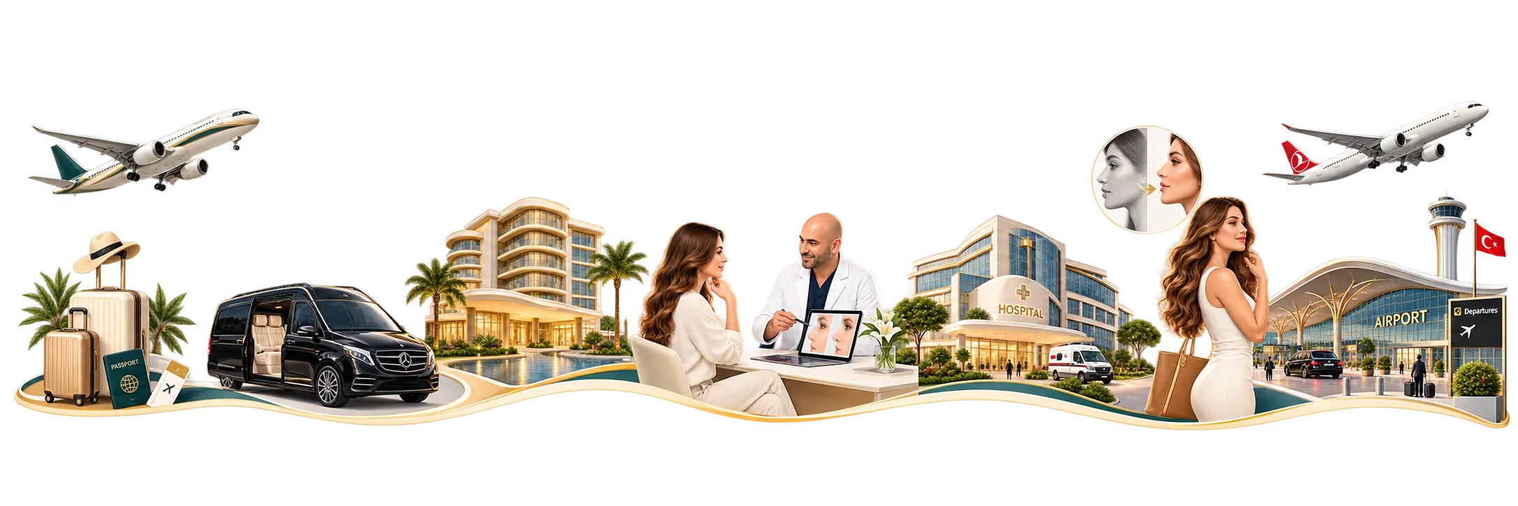 Yolculuğun çizimi: uçuş, bavul ve pasaport, özel transfer aracı, otel, hekim muayenesi, hastane, sonuç değerlendirmesi ve dönüş için havaalanı.